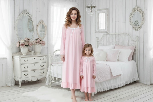 Mother & Daughter Matching Cotton Nightgown Set | Apple Blossom Pink Heirloom Sleepwear | Full Sleeve