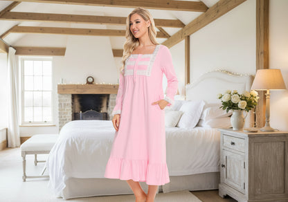 Lace Detail Square Neck Flounce Sleeve Night Dress