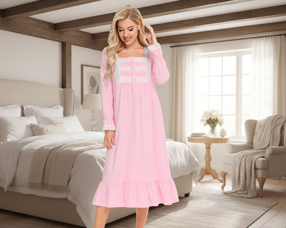 Lace Detail Square Neck Flounce Sleeve Night Dress