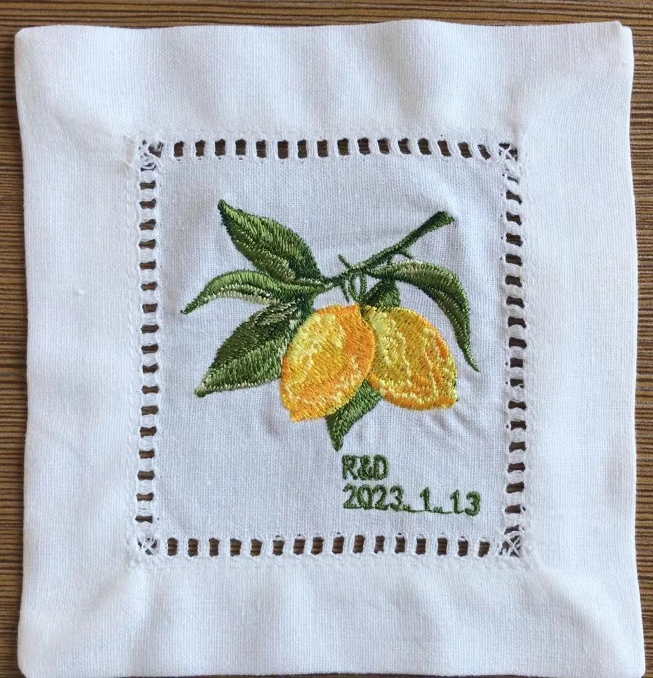 Personalized Lemon Hand Napkin, Name & Date embroidery