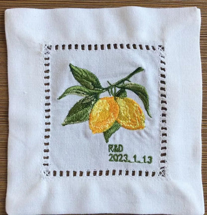 Personalized Lemon Hand Napkin, Name & Date embroidery