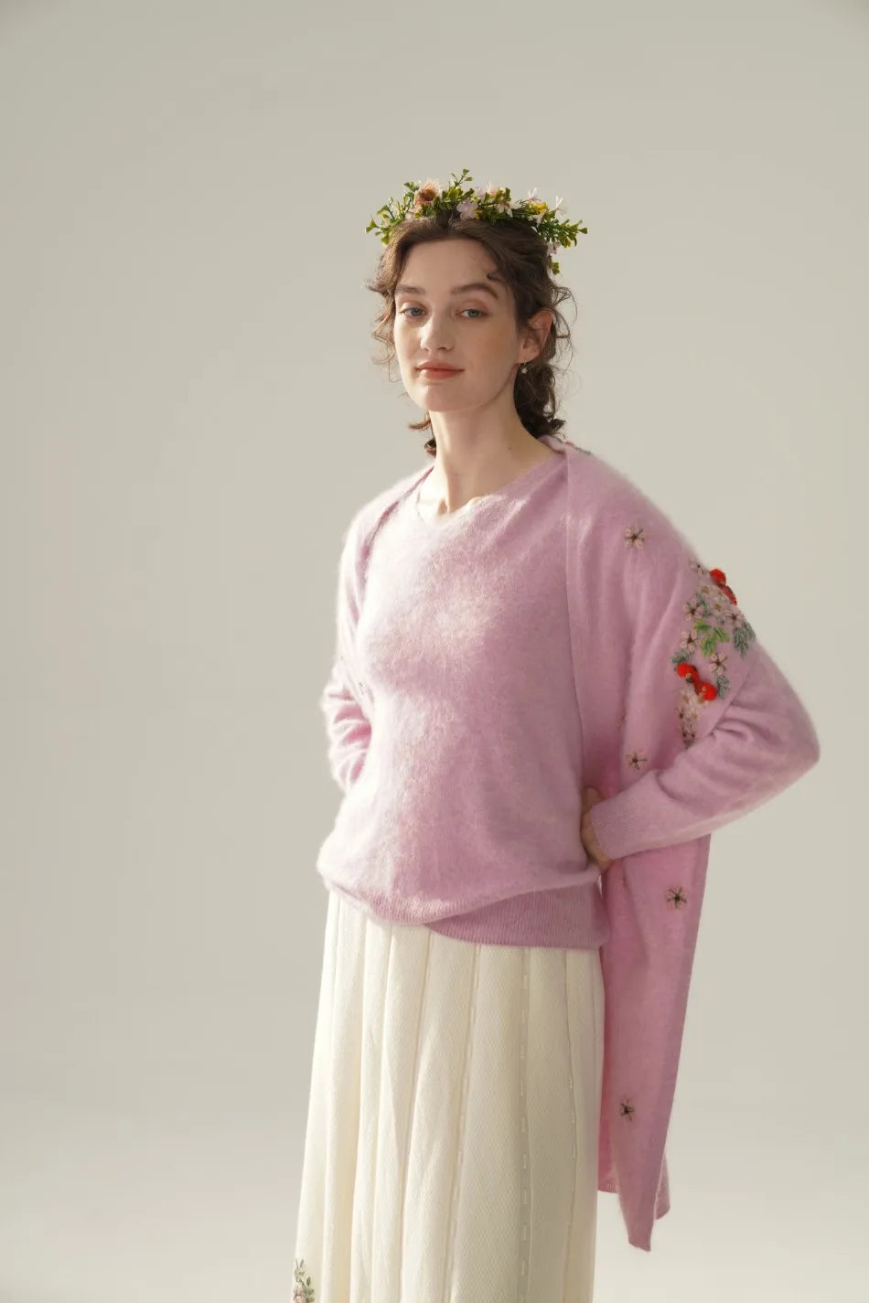 Annette Cashmere Sweater & Scarf Set, White