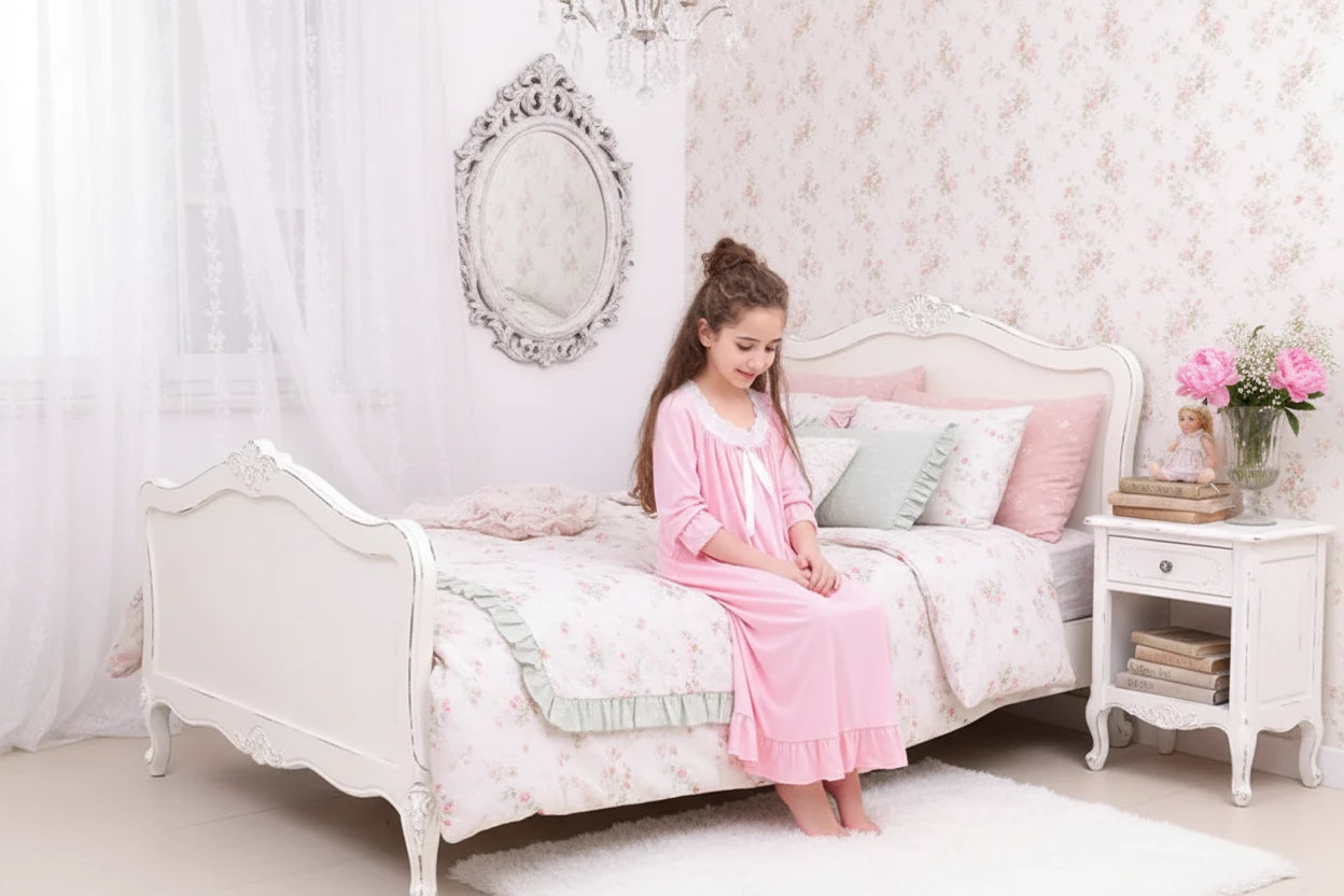 Mother & Daughter Matching Cotton Nightgown Set | Apple Blossom Pink Heirloom Sleepwear | Full Sleeve
