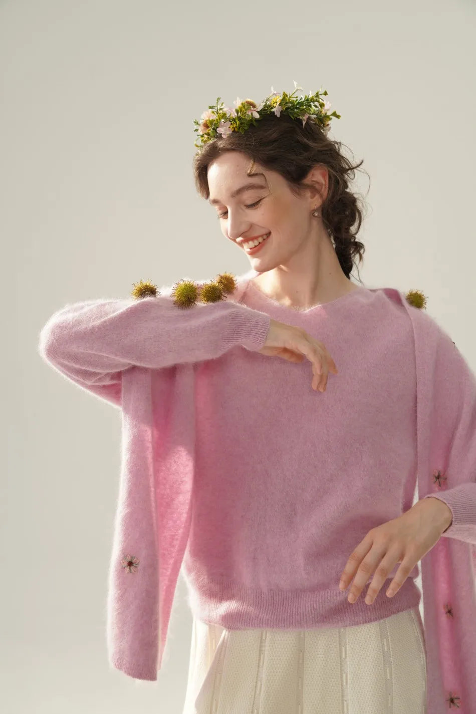 Annette Cashmere Sweater & Scarf Set, White