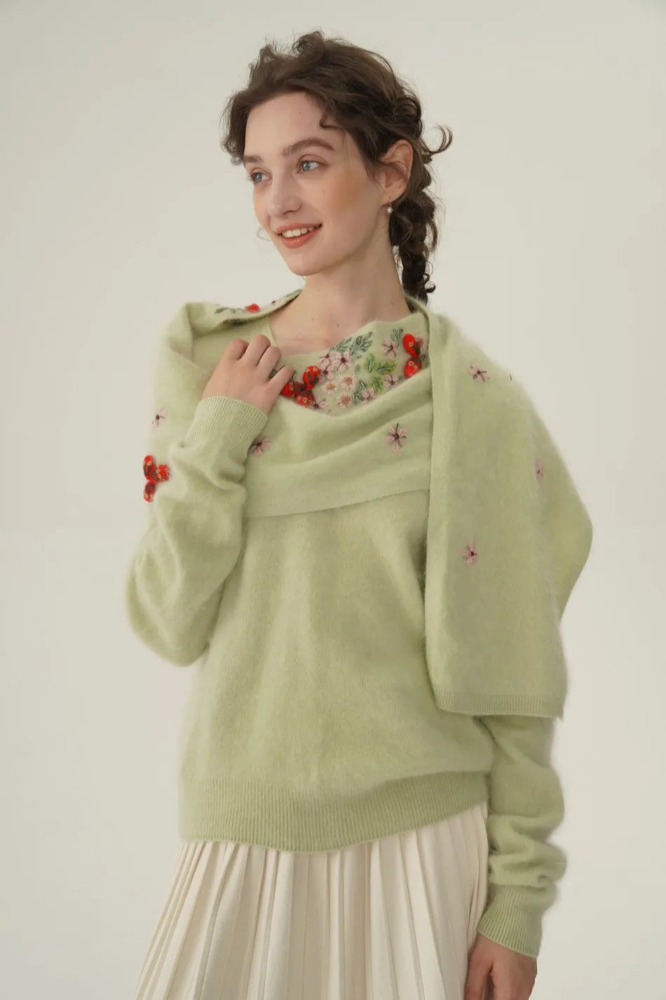 Annette Cashmere Sweater & Scarf Set, White