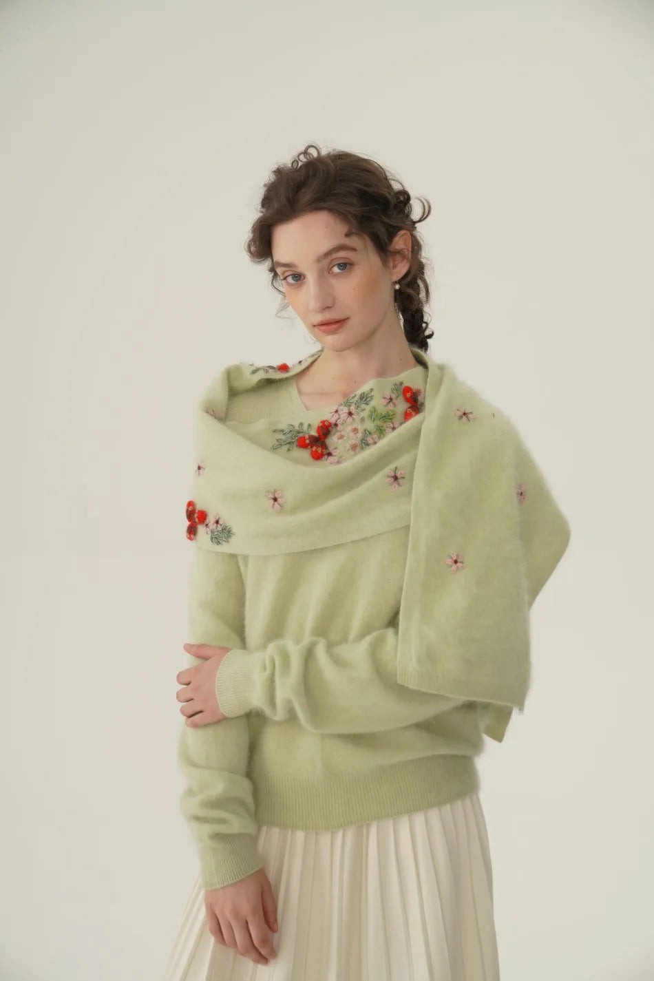 Annette Cashmere Sweater & Scarf Set, White