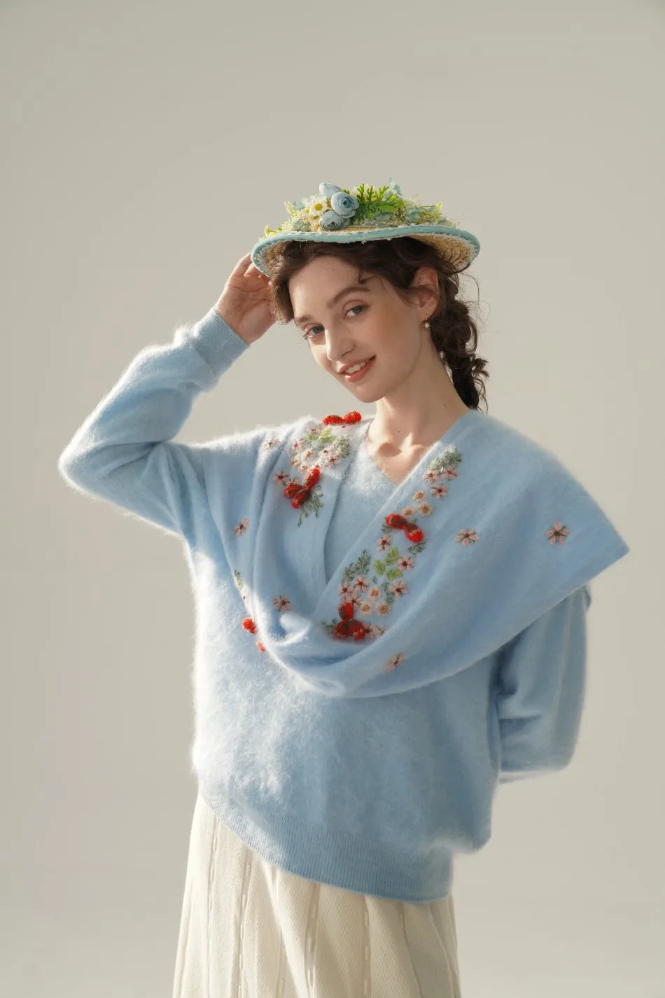 Annette Cashmere Sweater & Scarf Set, White