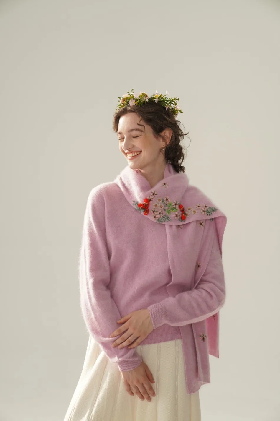 Annette Cashmere Sweater & Scarf Set, White