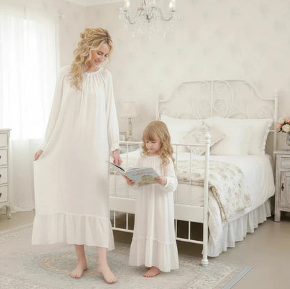 Mother & Daughter Matching Cotton Nightgown Set | Victorian Heirloom Sleepwear | Full Sleeve Maxi
