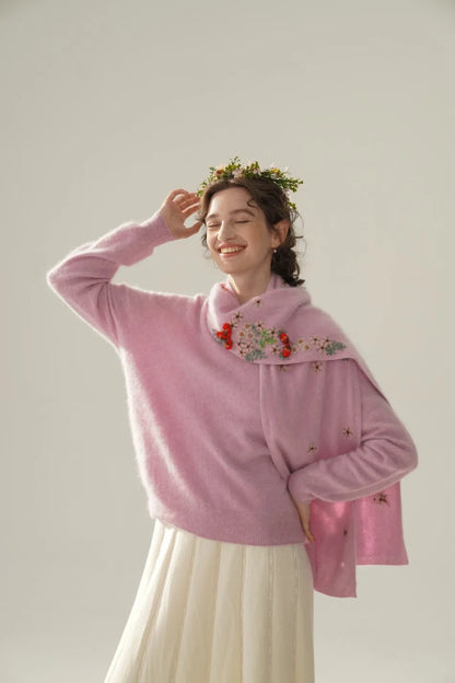 Annette Cashmere Sweater & Scarf Set, Purple