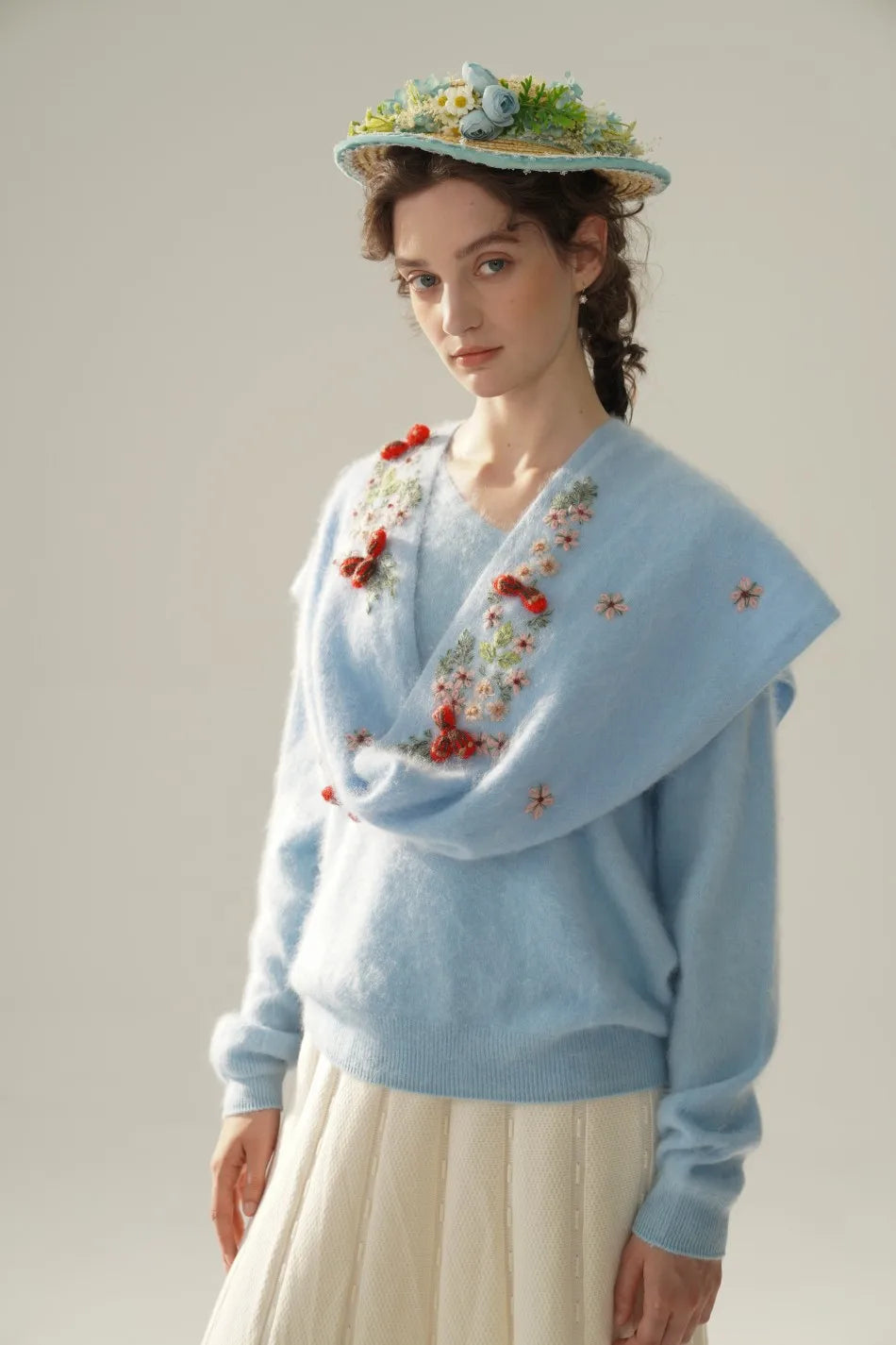 Annette Cashmere Sweater & Scarf Set, White