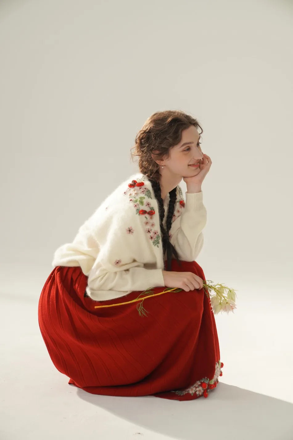 Annette Cashmere Sweater & Scarf Set, White