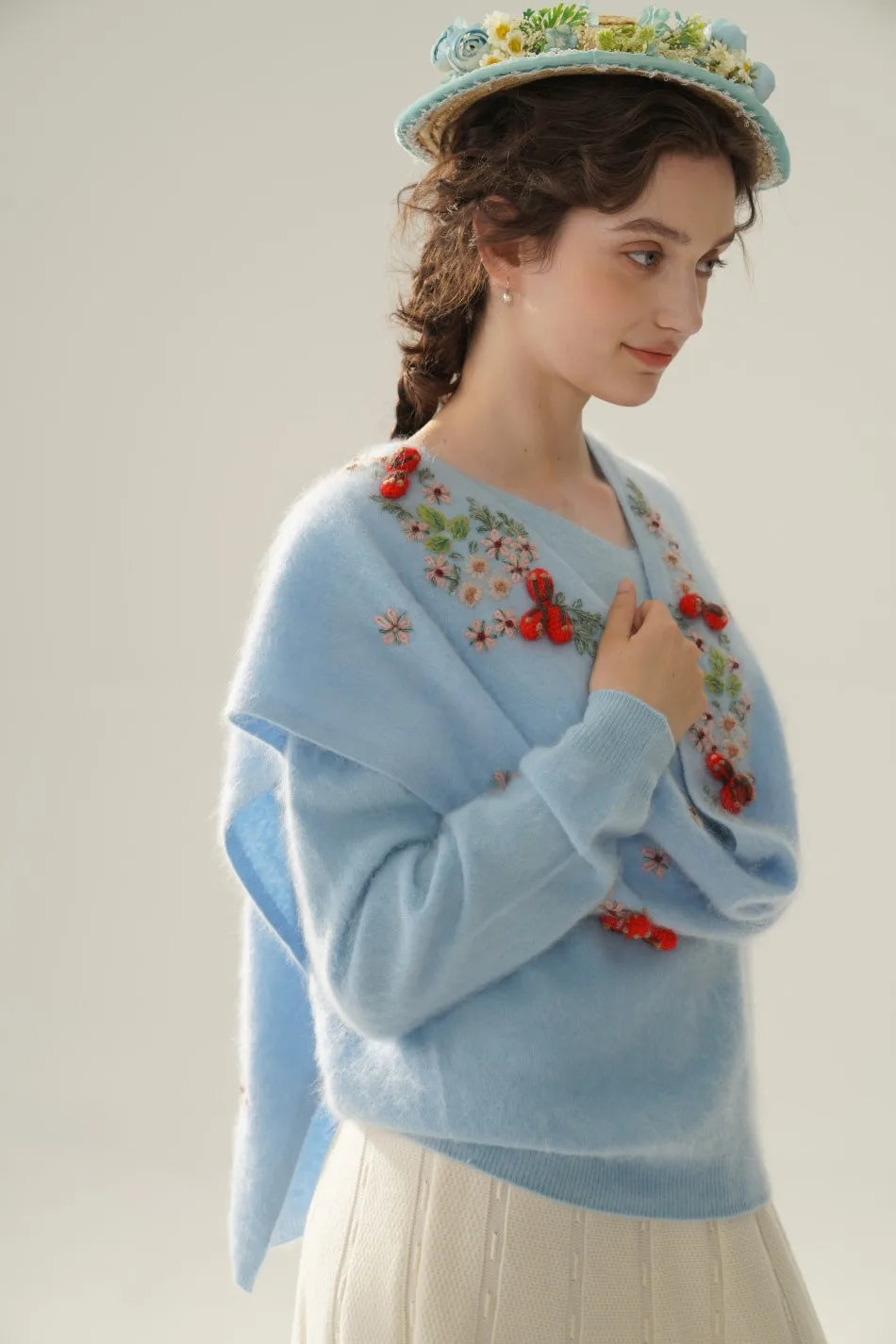 Annette Cashmere Sweater & Scarf Set, White