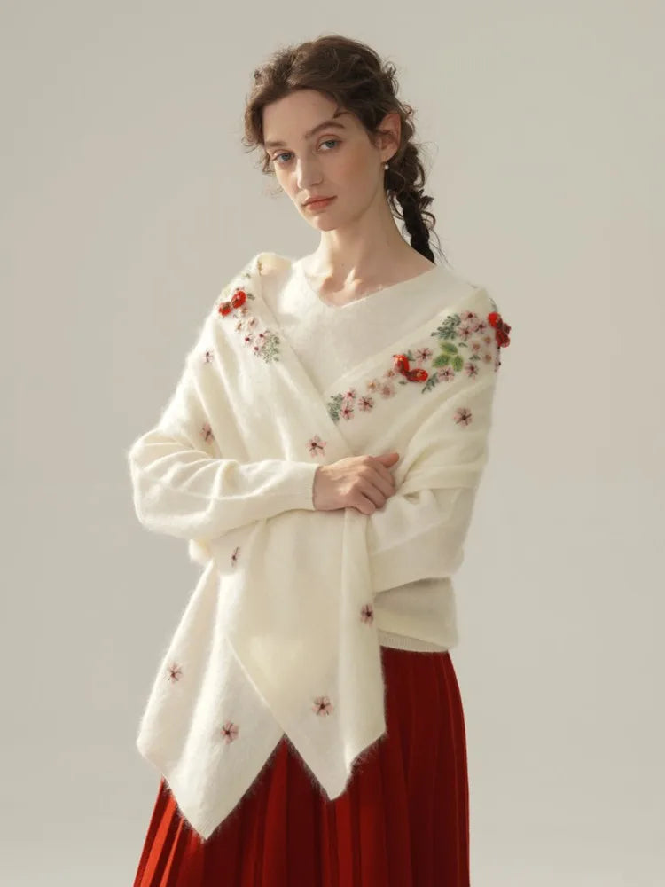 Annette Cashmere Sweater & Scarf Set, White