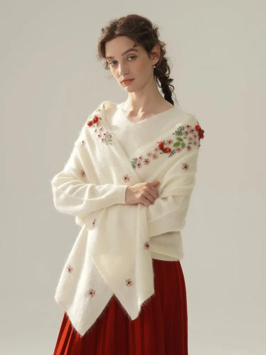 Annette Cashmere Sweater & Scarf Set, White