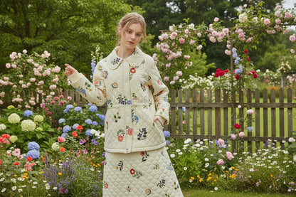 Sweet Jane Embroidery Cotton Quilted Coat & Skirt set